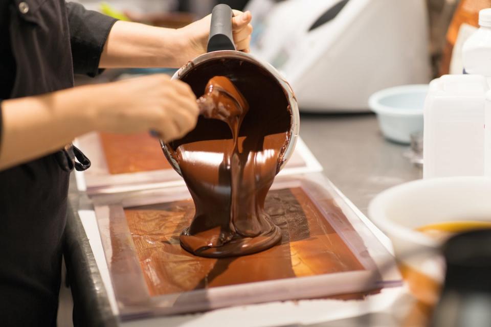 <span class="caption">Salmonella won’t grow in chocolate, but it survives there very well.</span> <span class="attribution"><a class="link " href="https://www.shutterstock.com/image-photo/production-cooking-people-concept-confectioner-filling-1283944153" rel="nofollow noopener" target="_blank" data-ylk="slk:Shutterstock;elm:context_link;itc:0;sec:content-canvas">Shutterstock</a></span>