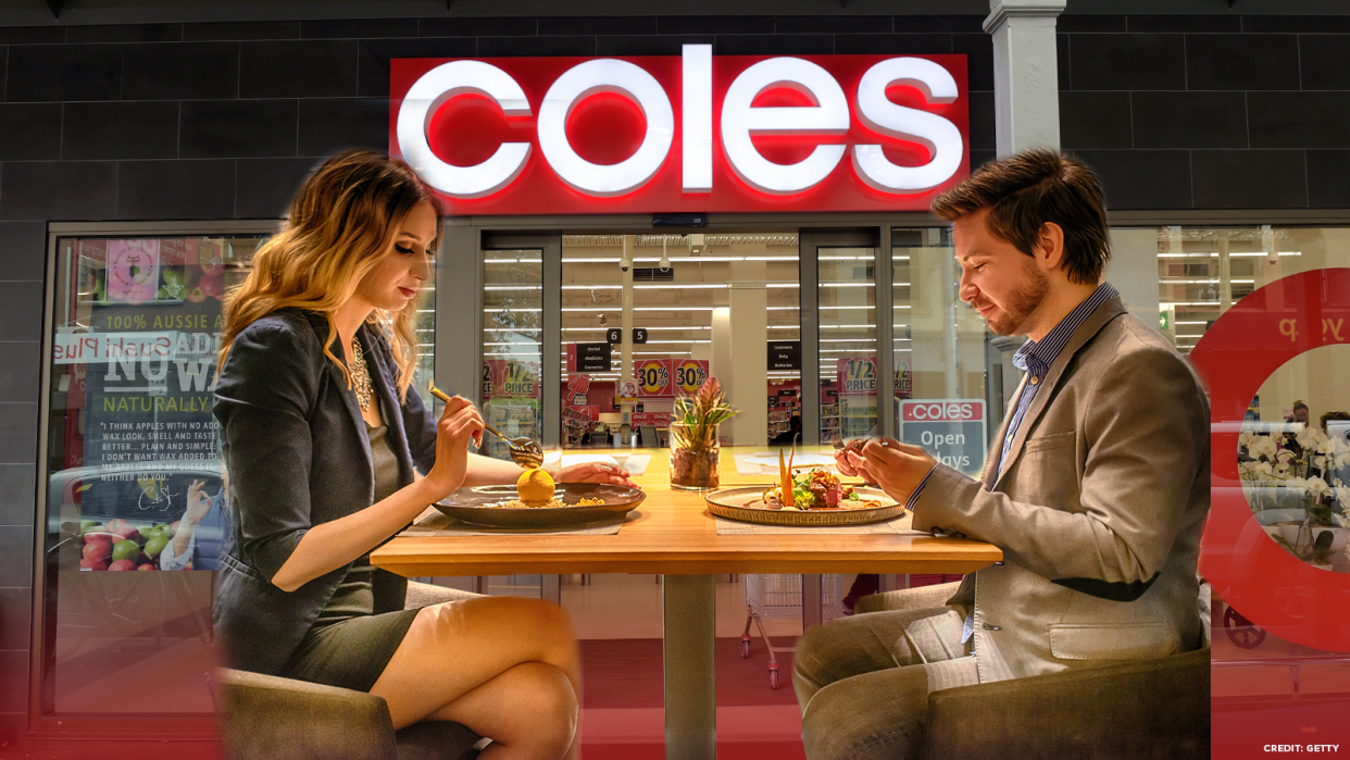 An edited graphic showing a couple dining inside Coles.