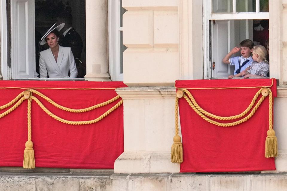 Catherine, Duchess of Cambridge and Prince Louis during Trooping The Colour on June 2, 2022 in London, England.Trooping The Colour, also known as The Queen's Birthday Parade, is a military ceremony performed by regiments of the British Army that has taken place since the mid-17th century. It marks the official birthday of the British Sovereign. This year, from June 2 to June 5, 2022, there is the added celebration of the Platinum Jubilee of Elizabeth II in the UK and Commonwealth to mark the 70th anniversary of her accession to the throne on 6 February 1952.