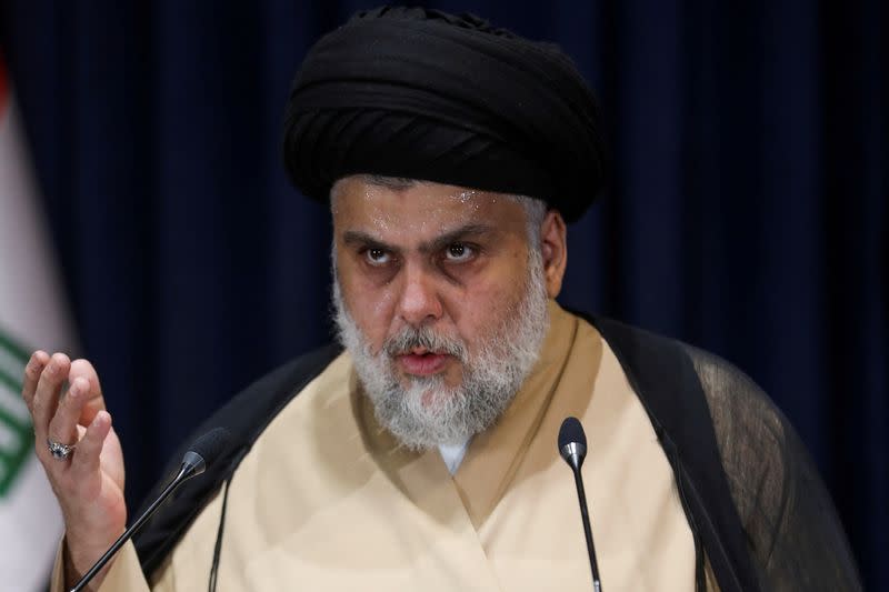 FILE PHOTO: Iraqi Shi'ite cleric Muqtada al-Sadr speaks after preliminary results of Iraq's parliamentary election were announced