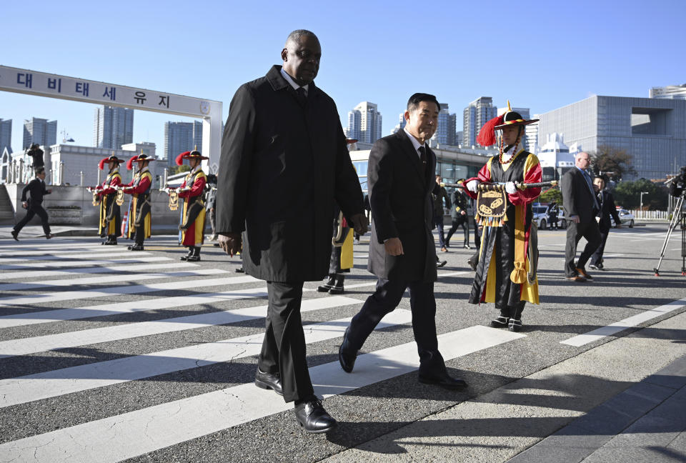 U.S. Secretary of Defense Lloyd Austin, left, and South Korean Defense Minister Shin Won-sik, right, attend a welcome ceremony before their annual security meeting at the Defense Ministry in Seoul, Monday, Nov. 13, 2023. (Jung Yeon-je/Pool Photo via AP)