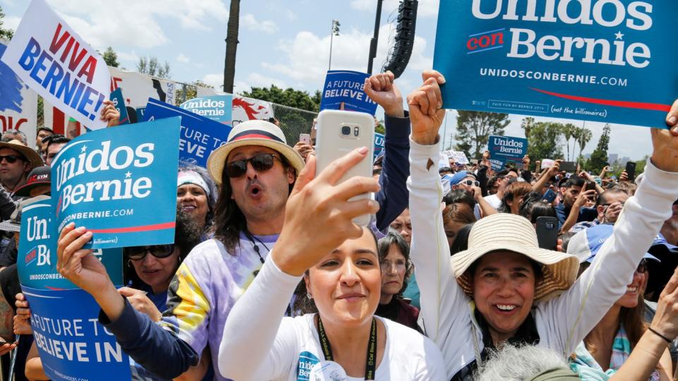 Supporters cheer for Bernie Sanders during a campaign rally in Los Angeles on May 23.