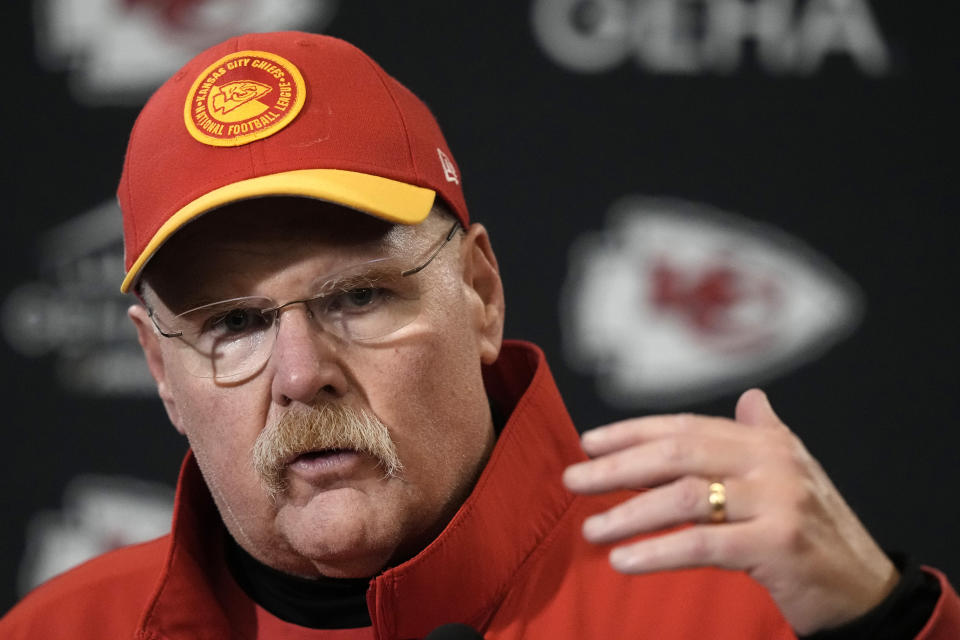 Kansas City Chiefs head coach Andy Reid speaks during a news conference following an NFL football game against the Cincinnati Bengals Sunday, Dec. 31, 2023, in Kansas City, Mo. The Chiefs won 25-017 to clinch the AFC West. (AP Photo/Charlie Riedel)