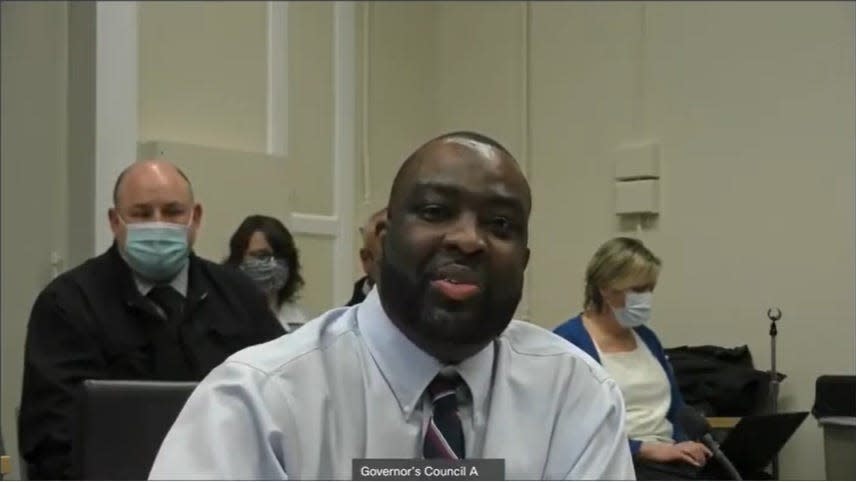 In this screenshot from the Governor's Council YouTube channel, William Allen, of Brockton, testifies on Wednesday, Feb. 2, 2022. The Brockton man is seeking to have his murder conviction commuted.