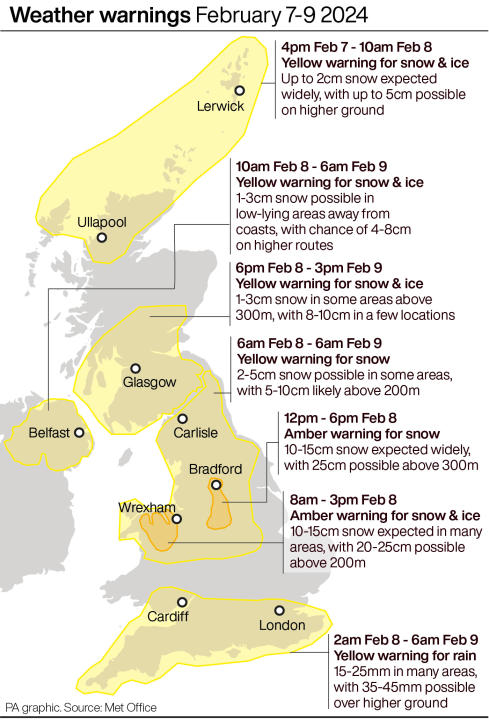 All the weather warnings in place until Friday. (PA)