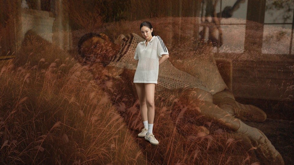 Jennie Kim poses in the Clot Gazelle sneaker. 