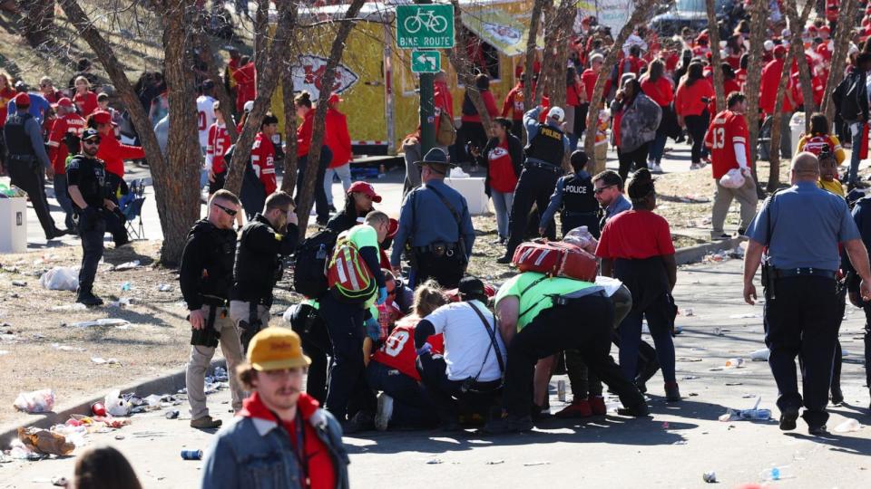 PHOTO: Law enforcement and medical personnel respond to a shooting at Union Station during the Kansas City Chiefs Super Bowl LVIII victory parade, Feb. 14, 2024, in Kansas City, Missouri.  (Jamie Squire/Getty Images)