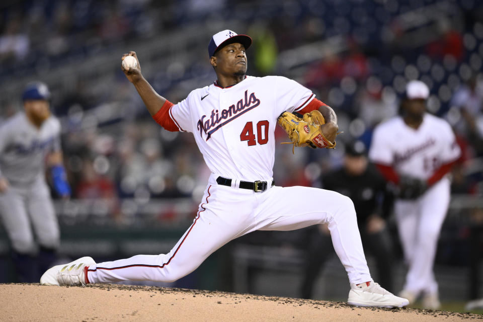 Washington Nationals starting pitcher Josiah Gray throws during the third inning of a baseball game against the Los Angeles Dodgers, Tuesday, May 24, 2022, in Washington. (AP Photo/Nick Wass)