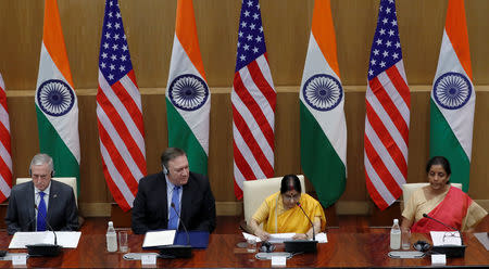 U.S. Secretary of State Mike Pompeo, U.S. Secretary of Defence James Mattis, India's Foreign Minister Sushma Swaraj and India's Defence Minister Nirmala Sitharaman attend a joint news conference after a meeting in New Delhi, India, September 6, 2018. REUTERS/Adnan Abidi