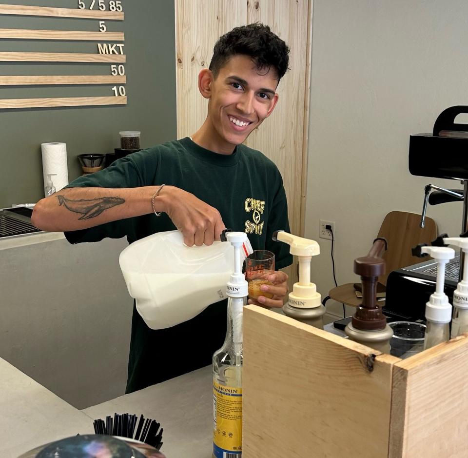 Sam Molina, 21, co-owner of Good Ground Coffee, making one of their signature drinks.
