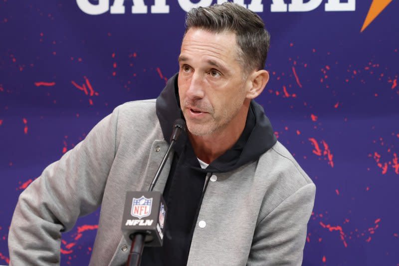 San Francisco 49ers head coach Kyle Shanahan speaks to the media at Super Bowl LVIII Opening Night on Monday at Allegiant Stadium in Las Vegas. Photo by John Angelillo/UPI