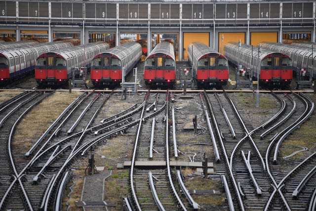 Piccadilly line trains parked up at a depot in west London