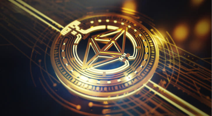 A concept image of a virtual coin based on the Ethereum logo.