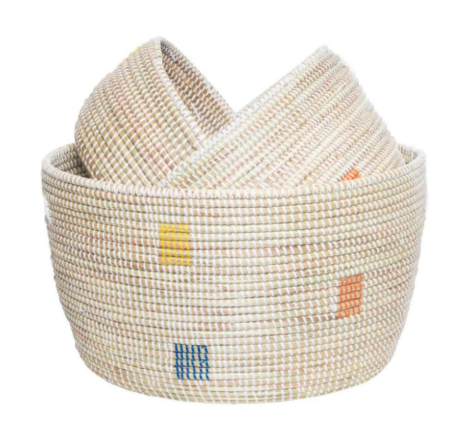 <p>Stacked Knitting Baskets Set of Three, $98, <a rel="nofollow noopener" href="https://www.thelittlemarket.com/collections/nesting-baskets/products/stacked-knitting-baskets-rainbow-dot" target="_blank" data-ylk="slk:thelittlemarket.com;elm:context_link;itc:0;sec:content-canvas" class="link "><u>thelittlemarket.com</u></a>.</p>