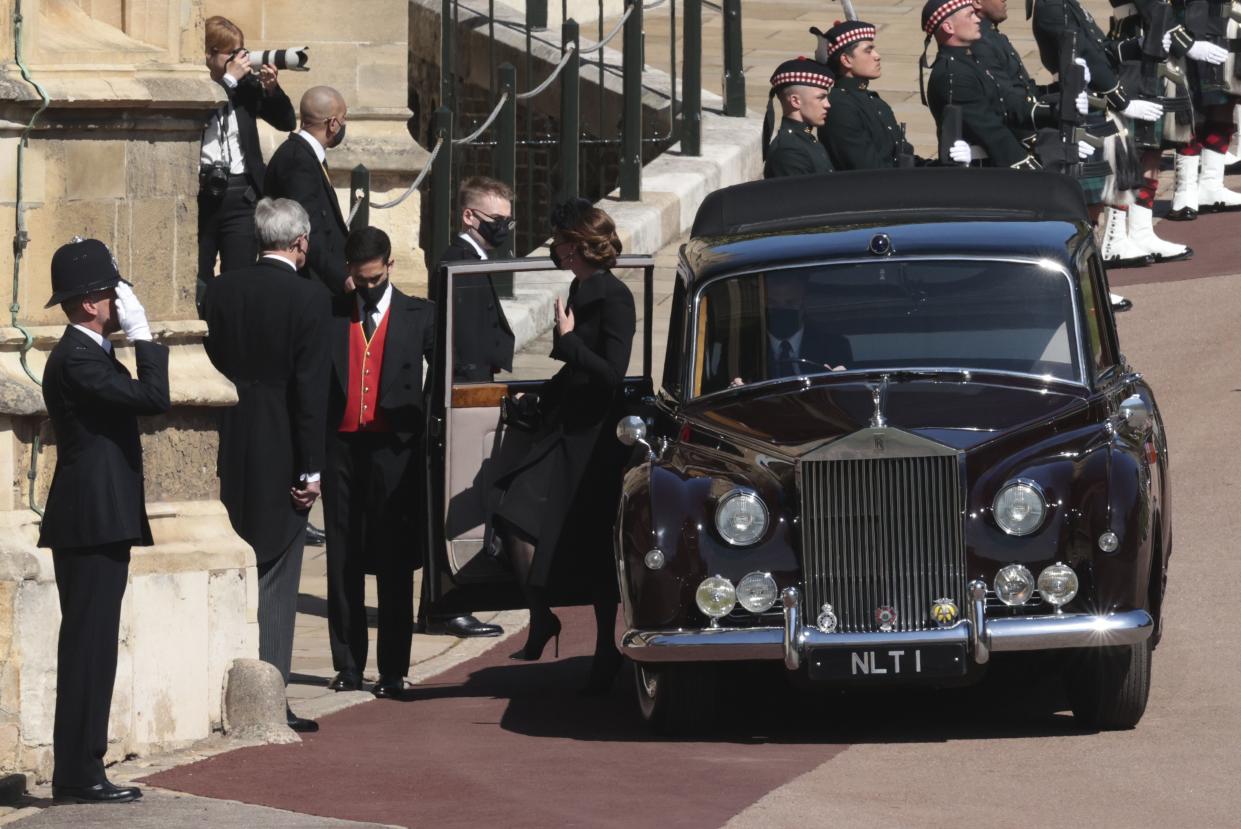 Kate, Duchess of Cambridge arrives at the Windsor Castle for the funeral of Britain's Prince Philip in Windsor, England, Saturday, April 17, 2021.