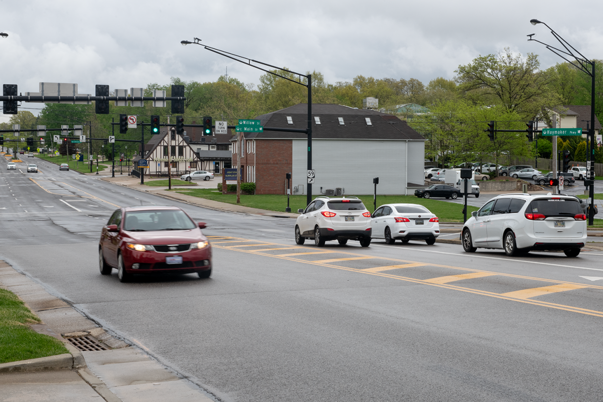 A 2025 road project along East Main Street in Kent will include installing a roundabout at this intersection of East Main, Haymaker Parkway and Willow Street. Here, traffic moves along in the intersection on April 30.