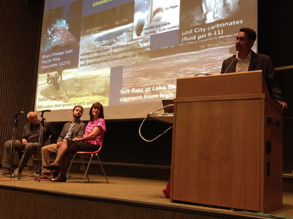 The life in extreme environments panel at the Toronto Science Festival, Sept. 28, 2013. From left: John Baross (University of Washington at Seattle), Jim Hand (NASA Jet Propulsion Laboratory), Barbara Sherwood Lollar (University of Toronto) and