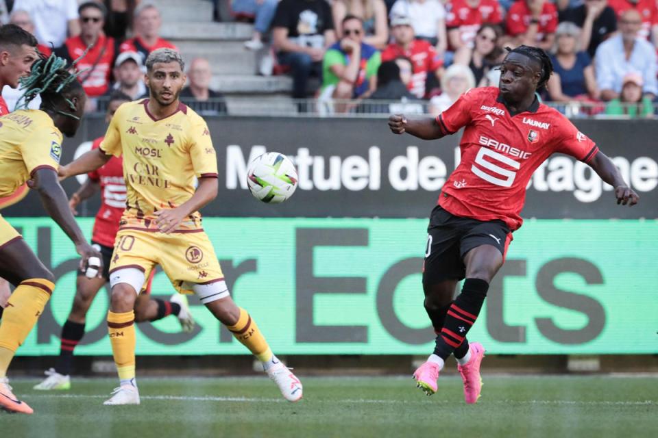 Jeremy Doku, right, in action for Rennes in Ligue 1 earlier this month (AFP via Getty Images)