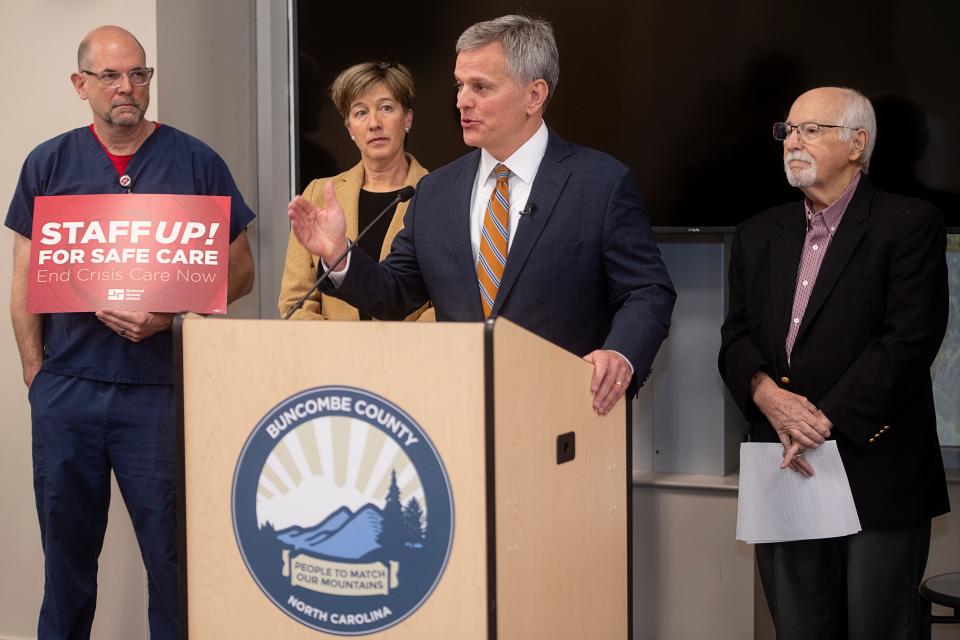 North Carolina Attorney General Josh Stein held a press conference, December 14, 2023, after filing a lawsuit accusing HCA Healthcare of failing to provide the level of emergency and cancer care it agreed to when it purchased the Mission Health system in 2019.