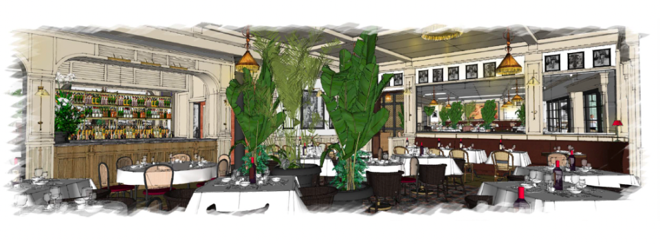 An interior rendering of Le Colonial in Naples.