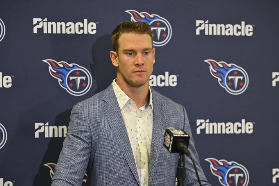 Tennessee Titans quarterback Ryan Tannehill speaks with the media after the team's loss to the Cleveland Browns in an NFL football game, Sunday, Sept. 24, 2023, in Cleveland. (AP Photo/David Richard)