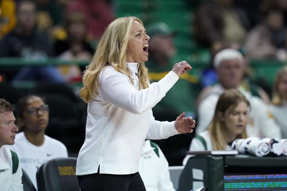 Baylor coach Nicki Collen shouts to players during the first half of an exhibition NCAA college basketball game in Waco, Texas, Wednesday, Nov. 3, 2021. (AP Photo/Tony Gutierrez)