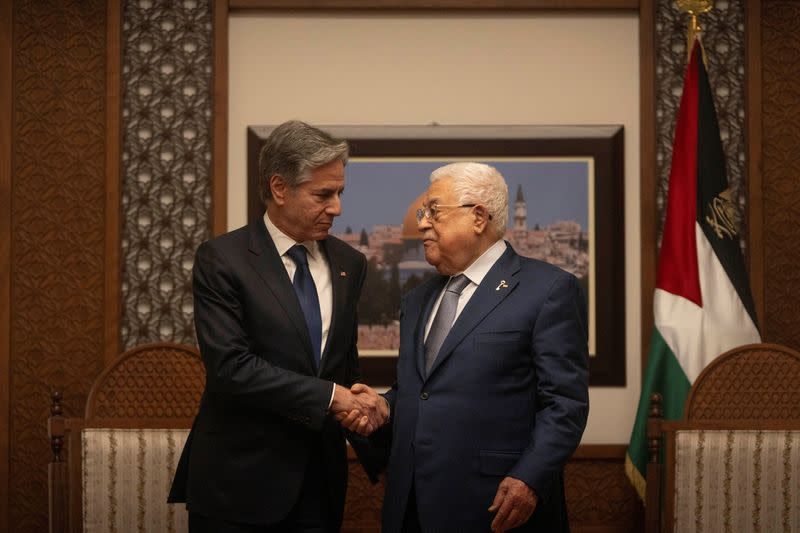 Palestinian President Mahmoud Abbas meets with U.S. Secretary of State Antony Blinken at his office in Ramallah