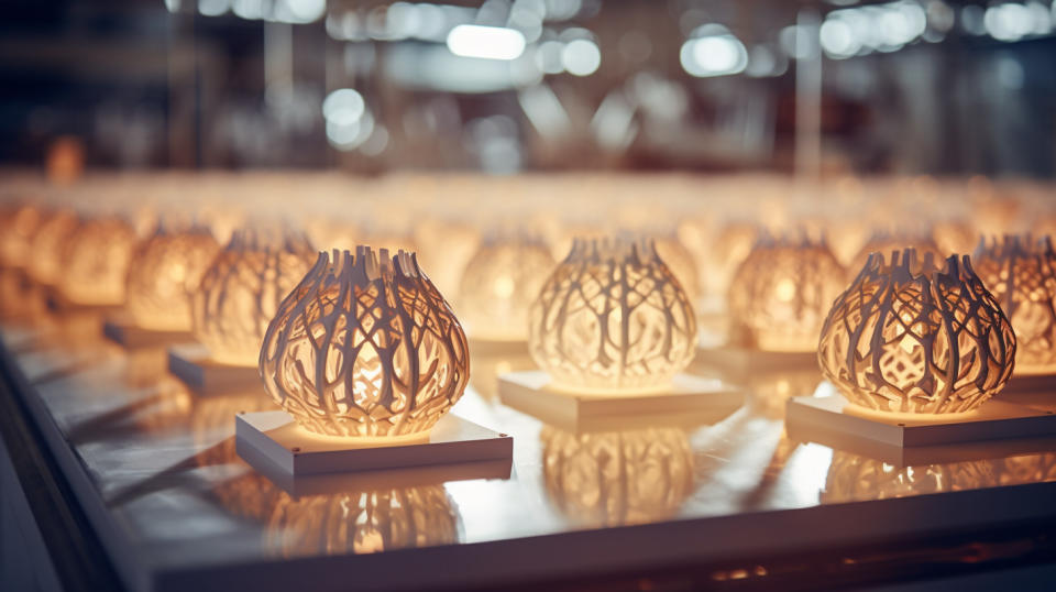 High-end 3D printers creating intricate designs with consistent precision in a well-lit factory.