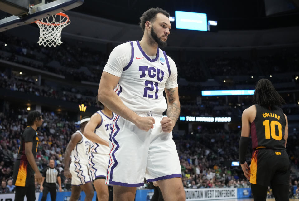 TCU forward JaKobe Coles reacts after drawing a foul during the second half of the team's first-round college basketball game against Arizona State in the men's NCAA Tournament on Friday, March 17, 2023, in Denver. (AP Photo/David Zalubowski)