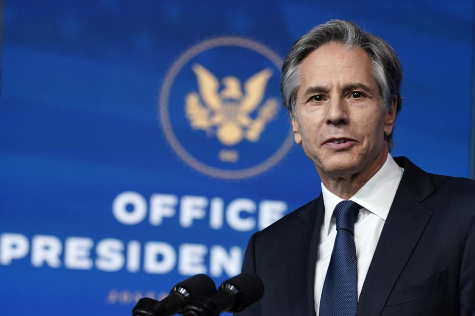 FILE - In this Nov. 24, 2020, file photo, Tony Blinken speaks at The Queen theater in Wilmington, Del. Blinken as his secretary of state. President-elect Joe Biden nominated Blinken as his secretary of state. (AP Photo/Carolyn Kaster, File)