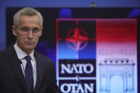 NATO Secretary-General Jens Stoltenberg speaks during a press conference at the NATO headquarters, Friday, Nov. 25, 2022 in Brussels, ahead of the Meeting of NATO Ministers of Foreign Affairs taking place on Nov. 29 and 30 in Bucharest, Romania. (AP Photo/Olivier Matthys)