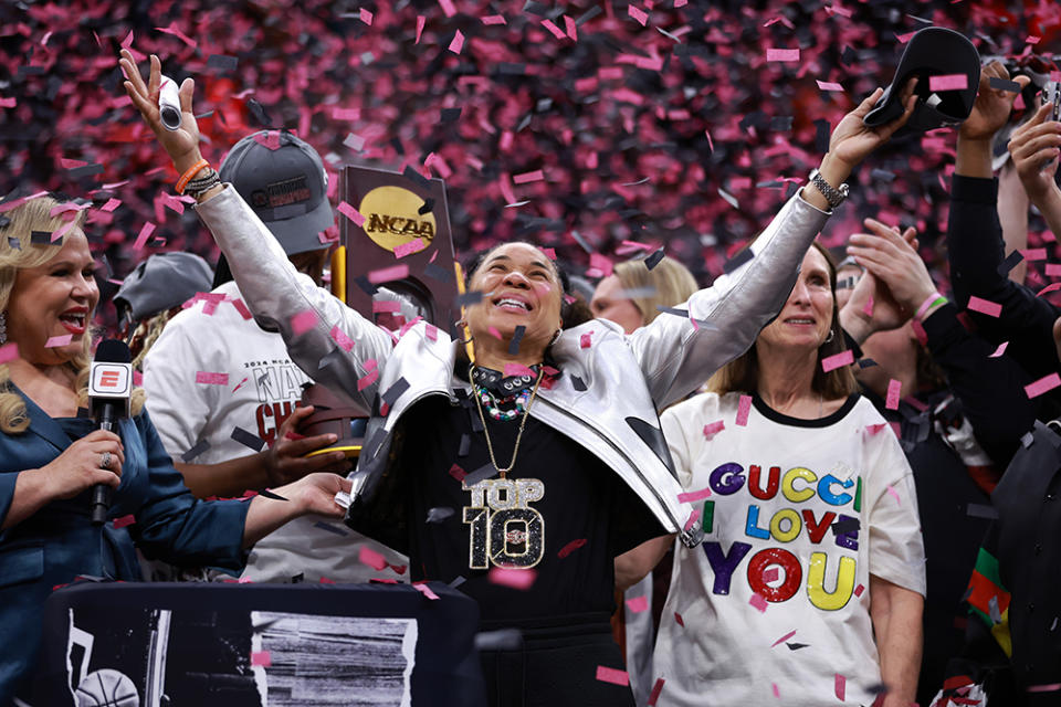 Dawn Staley during the 2024 NCAA Women's Basketball Tournament National Championship on April 7 Cleveland, Louis Vuitton, sports, college, metallics trend