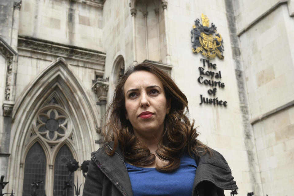 Julian Assange's partner, Stella Moris speaks to the media outside the High Court in London, Wednesday July 7, 2021. Britain’s High Court has granted the U.S. government permission to appeal a decision that WikiLeaks founder Julian Assange cannot be sent to the United States to face espionage charges. The judicial office said Wednesday that the appeal had been granted and the case would be listed for a High Court hearing. (Stefan Rousseau/PA via AP)