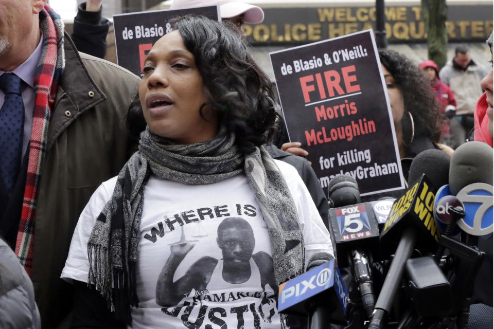 FILE — In this March 27, 2017, file photo, Constance Malcolm, the mother of Ramarley Graham, an unarmed black teenager shot and killed by a New York City police officer, holds a news conference in front of police headquarters. New York Attorney General Letitia James' inability to secure charges against Rochester police officers shown on video holding Daniel Prude to the pavement until he stopped breathing shows the difficulty in prosecuting officers who use deadly force. (AP Photo/Richard Drew, File)