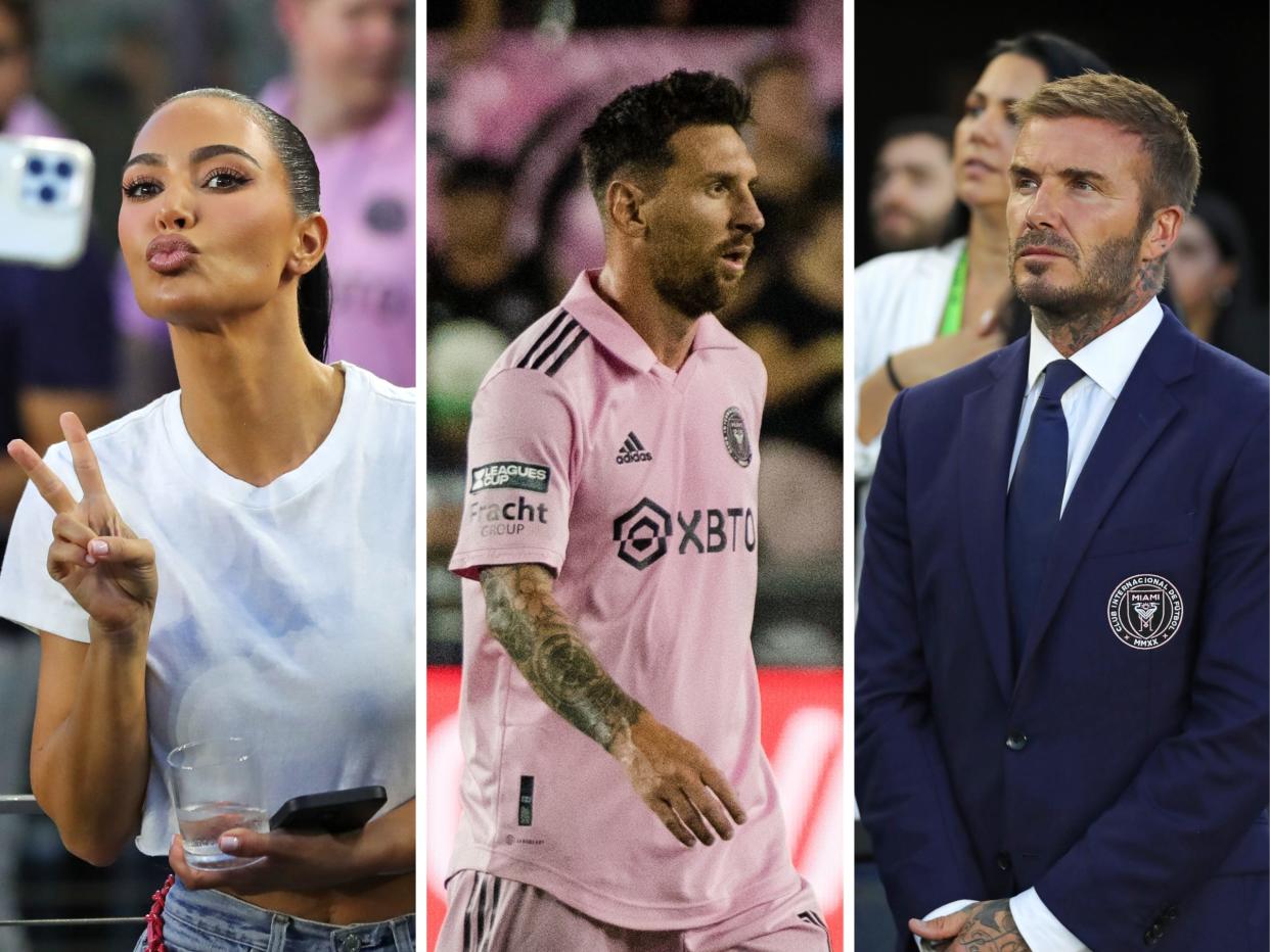 Kim Kardashian, Lionel Messi, and David Beckham at Messi's first Inter Miami match.