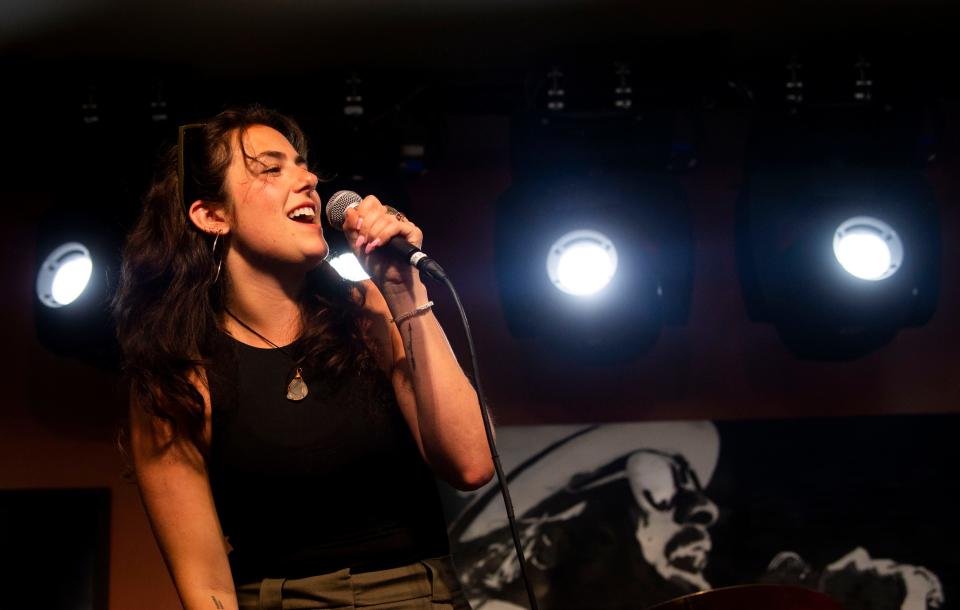 Rachel Olivo, of Rachel and the Boys sings during her bands tryout to perform at Tootsie's and the other venues owned by Steve Smith in Nashville, Tenn., Monday, July 10, 2023. Tryouts were held at Kid Rock's Big Ass Honky Tonk Rock N' Roll Steakhouse.