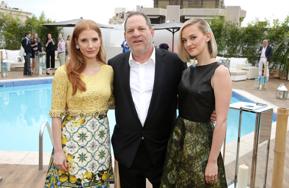 Jessica Chastain and Jess Weixler with Harvey Weinstein at a Cannes Film Festival in 2014. (Photo: Getty images)