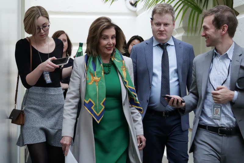 U.S. House Speaker Pelosi arrives for a Democratic Caucus meeting at the U.S. Capitol in Washington