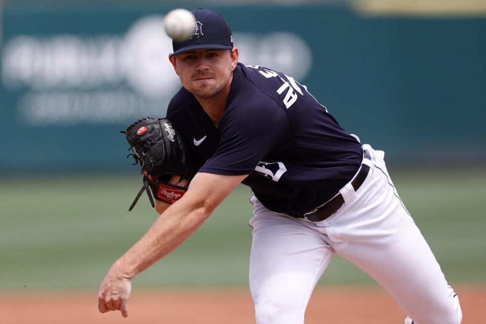 Tigers pitcher Tyler Alexander warms up prior to the second inning against the Yankees during spring training at Publix Field at Joker Marchant Stadium on Friday, April 1, 2022.