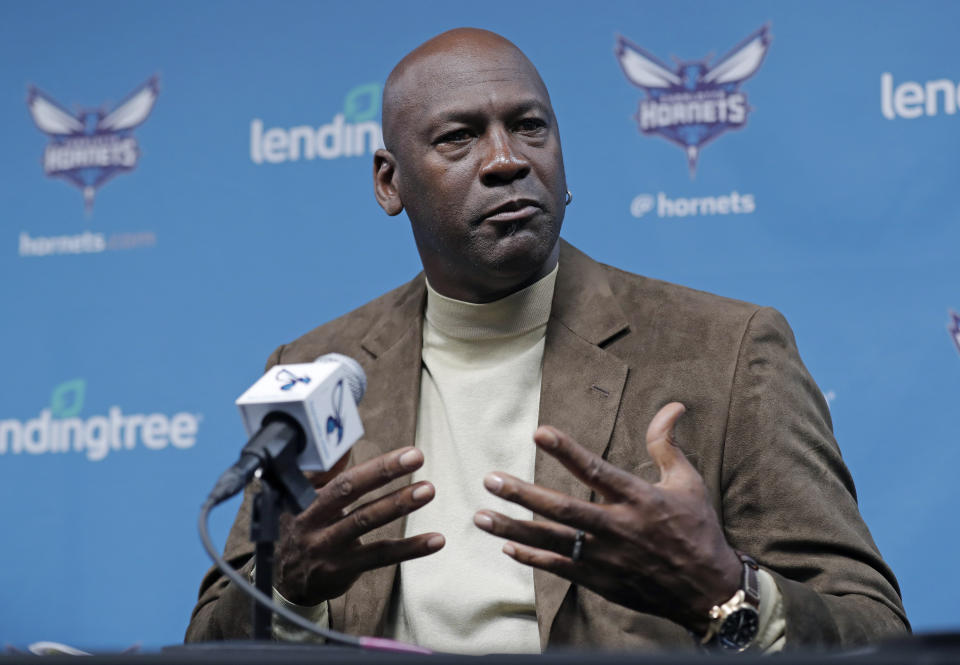 FILE - Charlotte Hornets owner Michael Jordan speaks to the media about hosting the NBA All-Star basketball game during a news conference, Feb. 12, 2019, in Charlotte, N.C. The NBA Board of Governors has voted to approve Jordan’s sale of the Charlotte Hornets to an ownership group led by Gabe Plotkin and Rick Schnall, according to a person familiar with the situation. The person spoke to The Associated Press on Sunday, July 23, 2023, on condition of anonymity because the sale won’t become official for at least another week. (AP Photo/Chuck Burton, File)