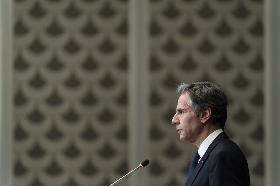 Secretary of State Antony Blinken speaks with reporters during a media availability, Wednesday, May 26, 2021, in Amman, Jordan. (AP Photo/Alex Brandon, Pool)