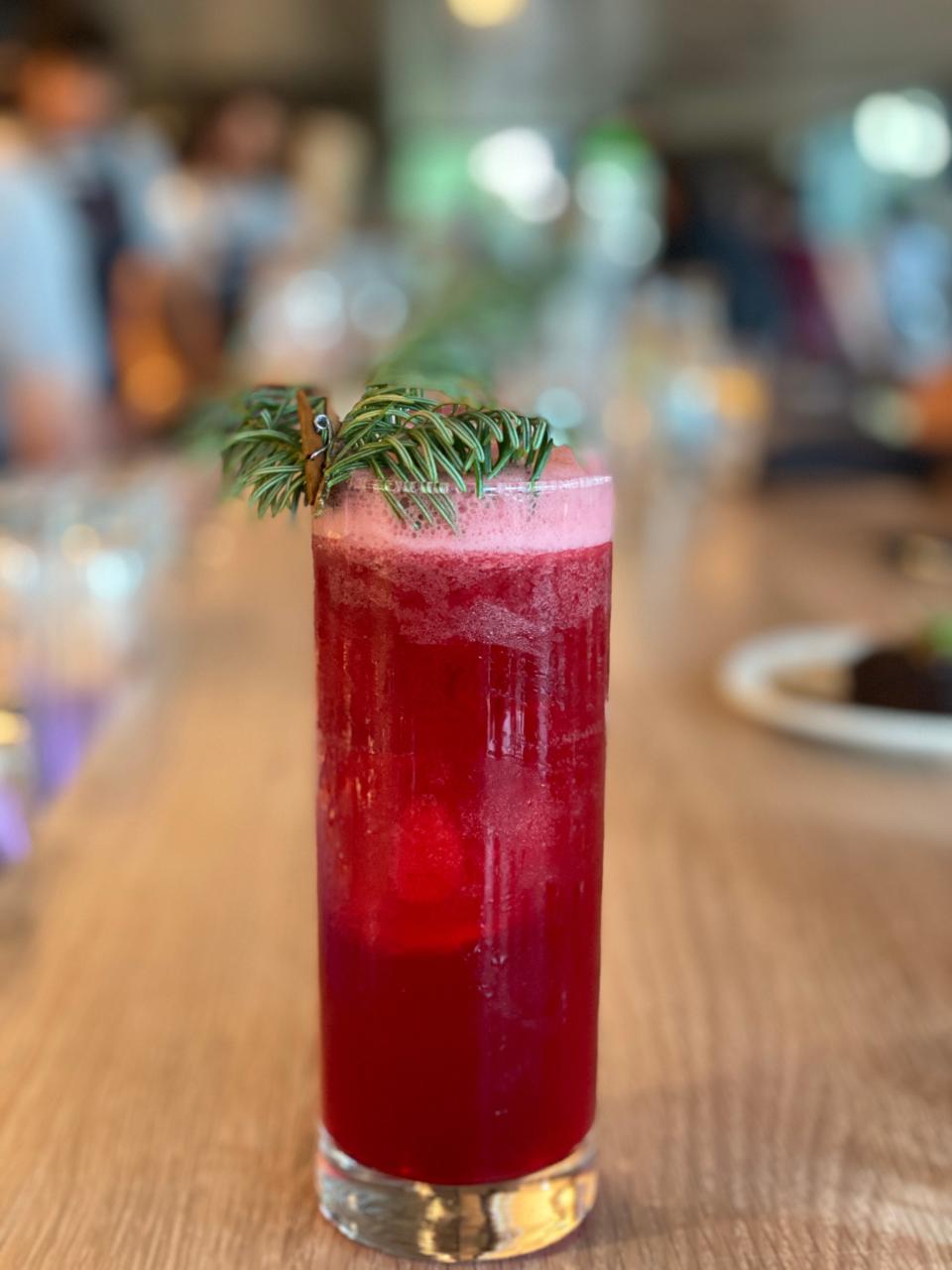 The Ziiwiskaagamin Sour, one of Owamni's zero-proof cocktails, sits on a table at the Minneapolis restaurant.