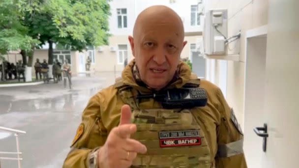 PHOTO: In this handout photo taken from video released by Prigozhin Press Service, Yevgeny Prigozhin, the owner of the Wagner Group military company, records his video addresses in Rostov-on-Don, Russia, June 24, 2023. (Prigozhin Press Service via AP)