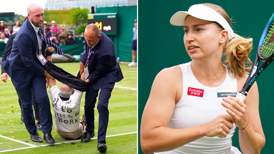 Pictured here, Daria Saville during a protest disruption in her first round Wimbledon loss.