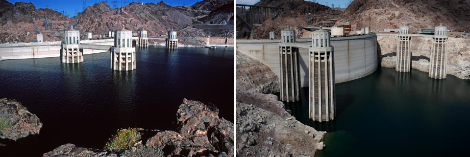 Water intake towers at the Hoover Dam in Las Vegas, on June 6, 1979, left, and on Aug. 19, 2022.    (Santi Visalli; Justin Sullivan / Getty Images)