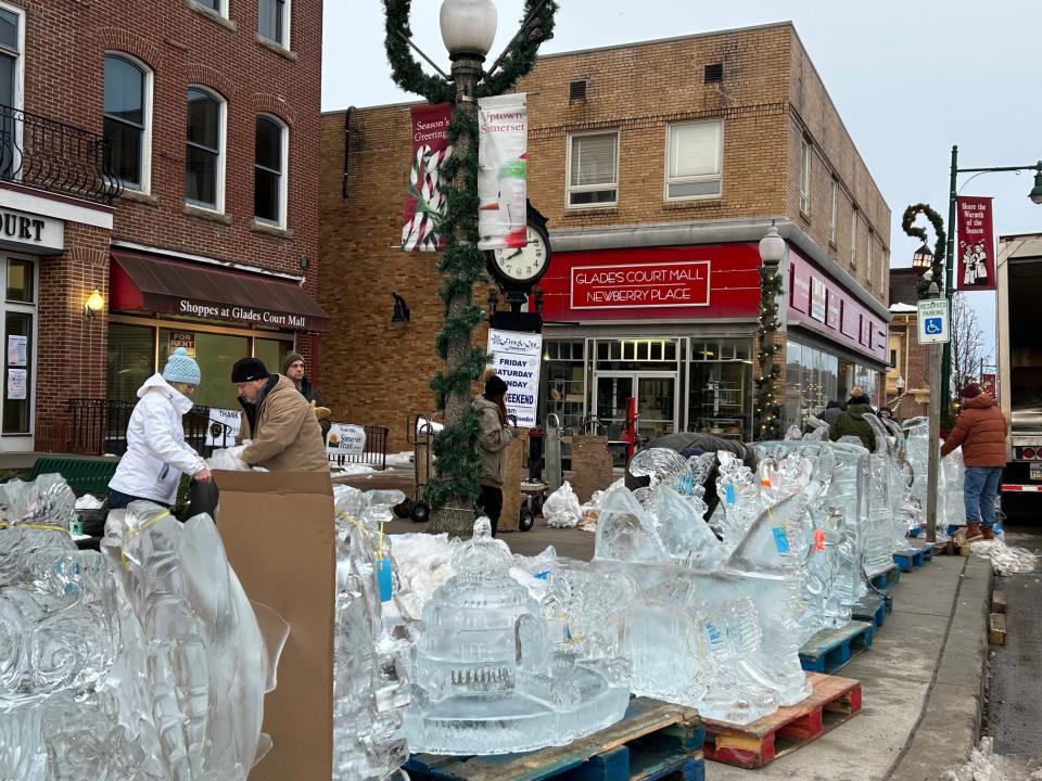 Ice sculptures were unloaded Friday morning for the annual Fire & Ice Festival taking place this weekend.