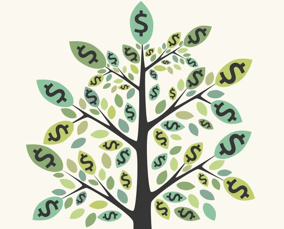 Illustration of a tree with dollar signs as leaves.