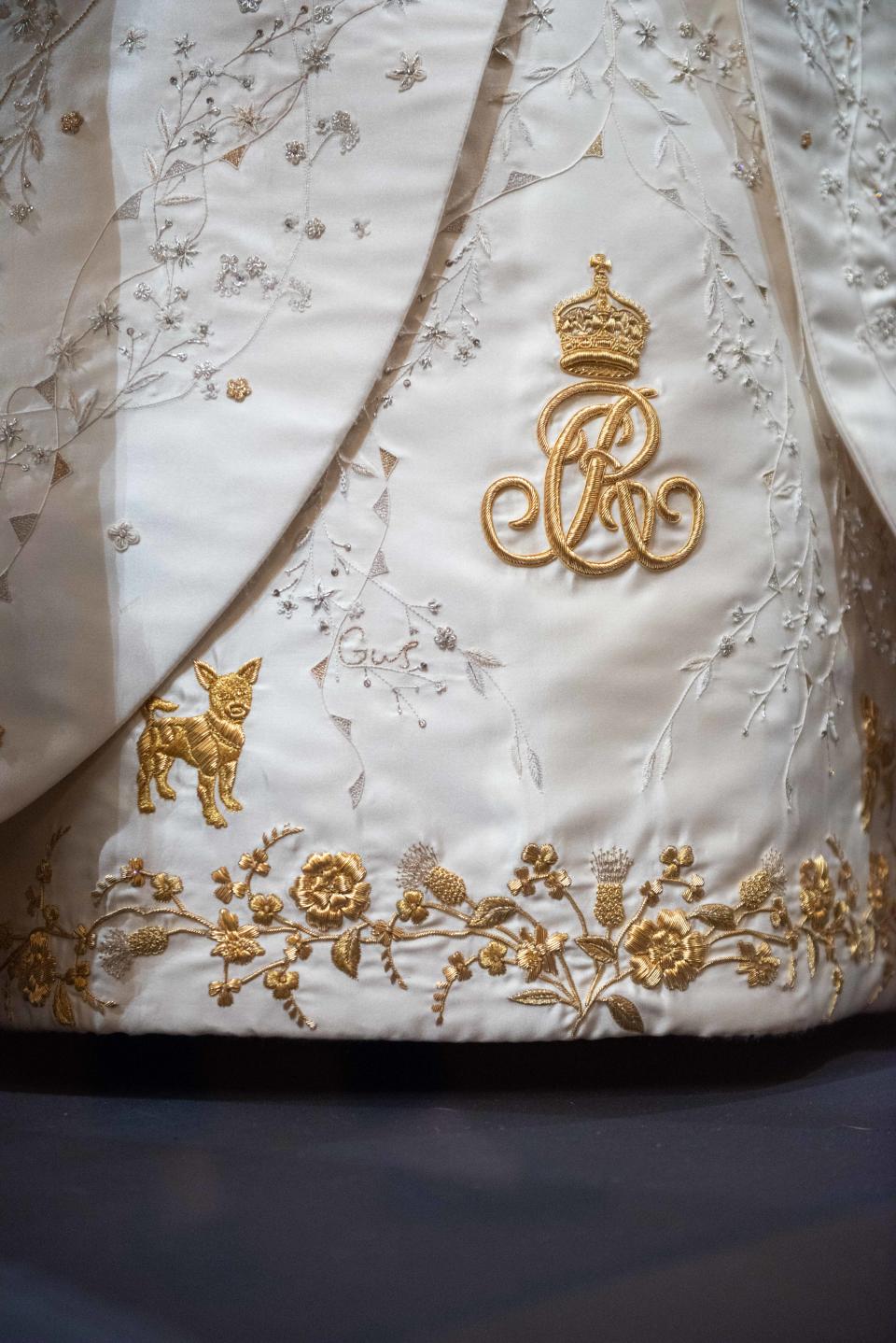 One of the dog motifs on the Queen's coronation dress