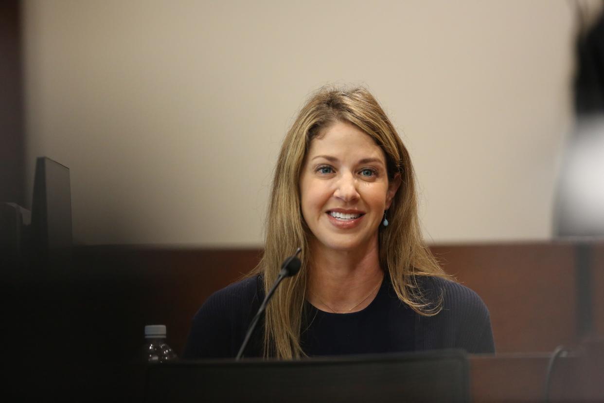 Wendi Adelson takes the witness stand on the second day of trial, Oct. 27, 2023, to complete the cross examination that began yesterday.