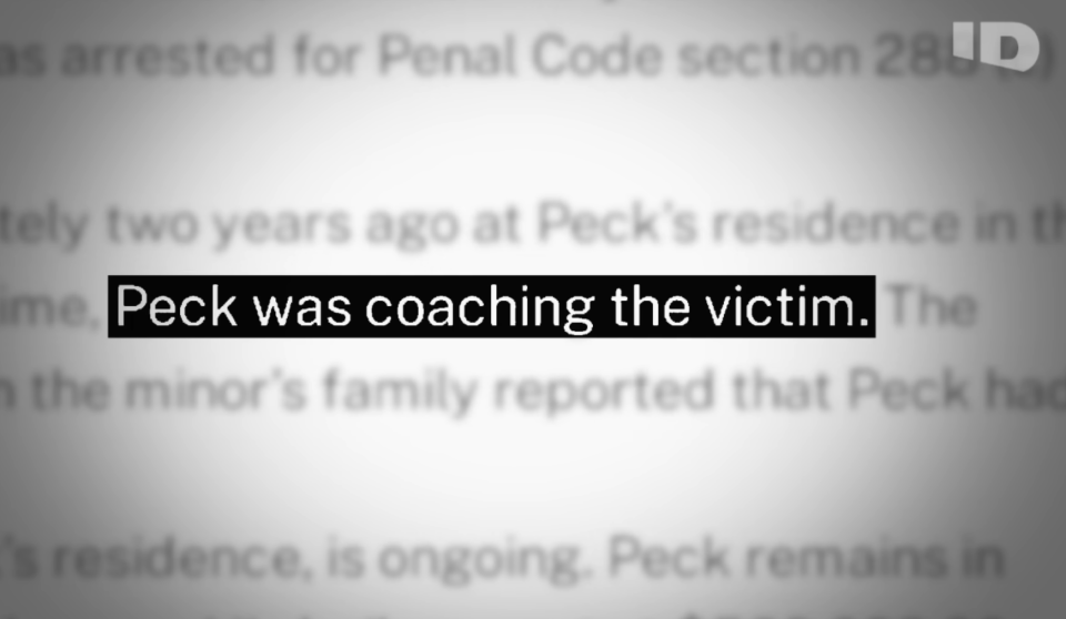 Document excerpt highlighting "Peck was coaching the victim" in a legal context
